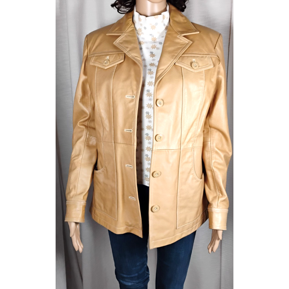 Womens Medium Wilsons Maxima Tan Cognac Leather Jacket Button Front Classic - Picture 2 of 16